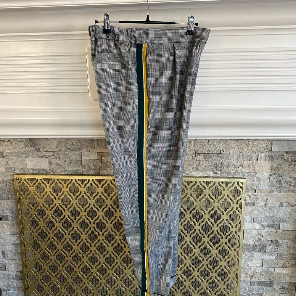 Zara Gray Plaid Pants with Yellow & Green Stripe